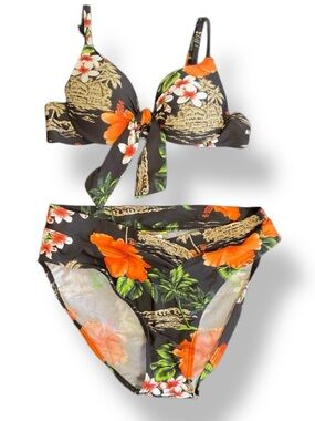 Bikini Bay Swimsuit Tropical Hawaiian Brown Floral 2 Piece Set Bathing Suit Sz 8